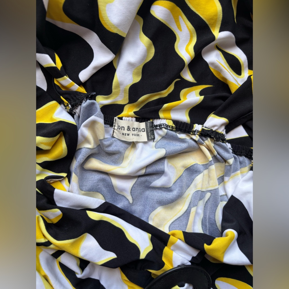 Jon & Anna Yellow Black White Abstract Print V-Neck Midi Dress - Picture 10 of 12